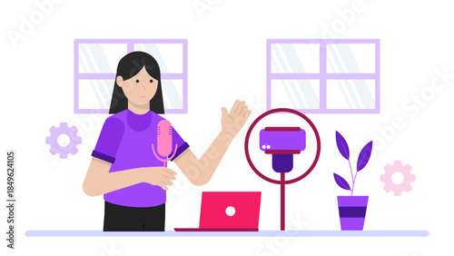 Video Production Team Live Streaming Event. Flat Vector Illustration