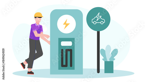 Electric Vehide Charging Station Installation. Flat Vector Illustration