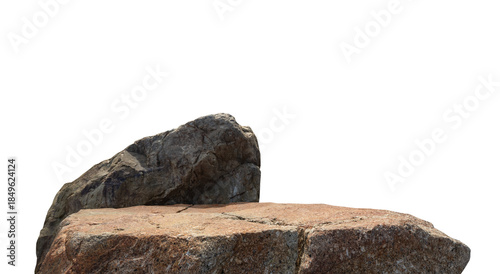 Brown rock stone podium isolated on white background. Natural granite stone pedestal for product display. Organic rock stage with rough texture for branding placement and montage presentation.