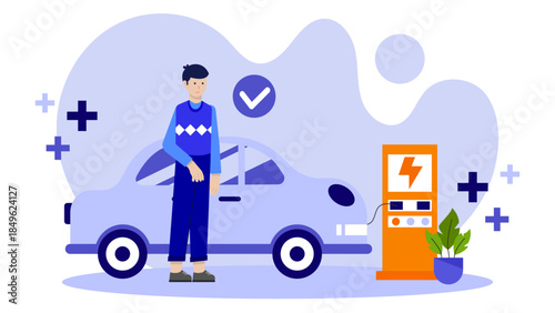 Electric Vehide Charging Station Installation. Flat Vector Illustration