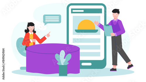 Restaurant Implementing Contactiess Ordering. Flat Vector Illustration