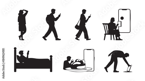 Silhouettes of people in various daily activities in minimalist black style with dramatic lighting on white background for infographic design