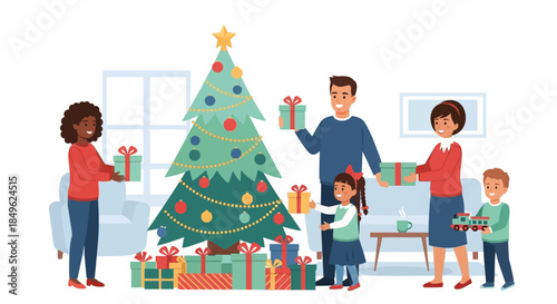 Family Decorating Christmas Tree Together.