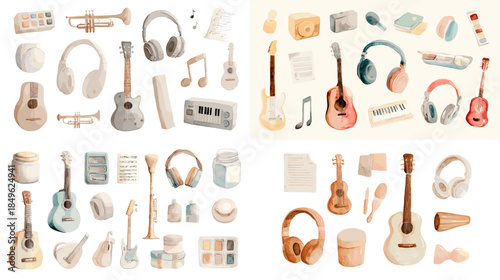 Watercolor music instruments and accessories set with guitars headphones and speakers ideal for creative branding music education decor and lifestyle illustration.
