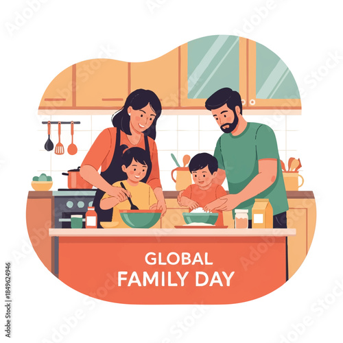 Illustration of a family of four preparing food together in a modern kitchen with warm tones, conveying a sense of togetherness and domesticity.