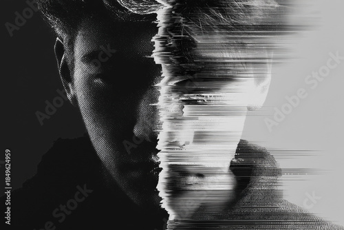Man with glitch effect revealing dual personality or identity crisis