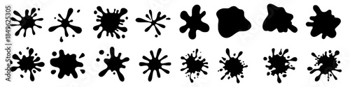 Ink splash vector icons set black fluid splatters