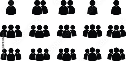 People group icons grid showing single, pairs, trios, quartets, progressive team sizes, social dynamics, demographics, teamwork, community silhouettes, composition, vector, set