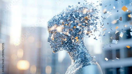 Abstract digital human form disintegrating into shimmering particles against soft, blurred cityscape, symbolizing transformation and ephemeral nature of identity