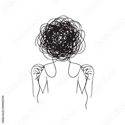 Conceptual line art illustration of a person with a tangled scribble head holding strings. Minimalist vector sketch depicting mental health, anxiety, chaos, and overthinking.
