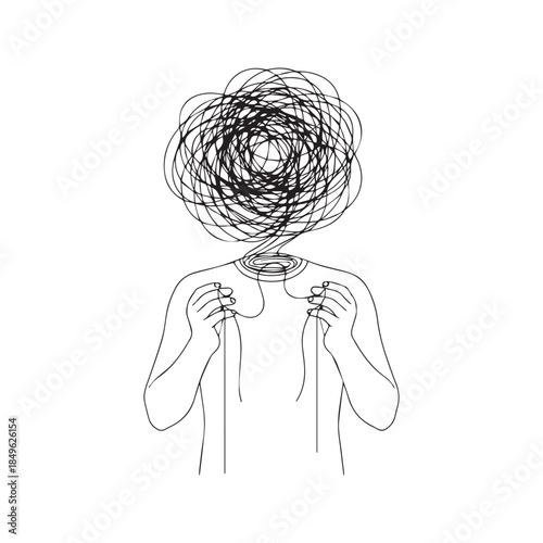 Conceptual line art illustration of a person with a tangled scribble head holding strings. Minimalist vector sketch depicting mental health, anxiety, chaos, and overthinking.
