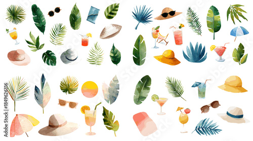Playful watercolor set of tropical leaves summer objects drinks hats and fruits ideal for vacation themes lifestyle branding and cheerful illustration projects.