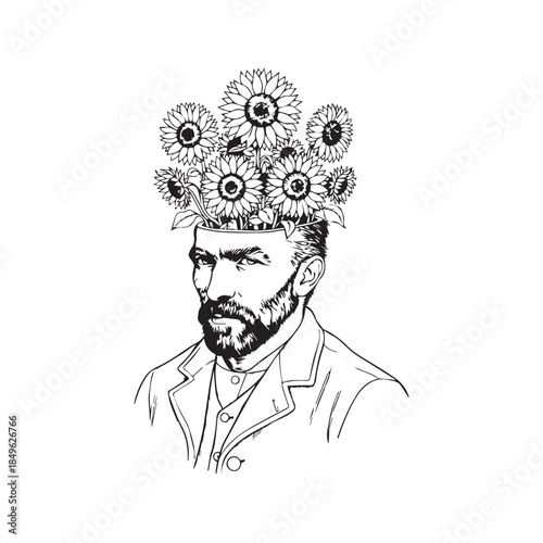 Surreal Vincent van Gogh portrait with sunflowers growing from head. Black and white vector line art illustration in vintage sketch style for tattoo or print design.
