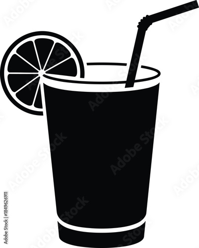 Refreshing citrus cocktail in tumbler with straw and slice, summer drink silhouette, lemon wedge on rim, minimalist black and white vector