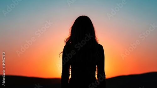 Silhouette of a woman with long hair standing against a vibrant orange and blue sunset sky, looking towards the horizon.