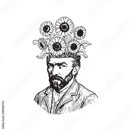 Surreal Vincent van Gogh portrait with sunflowers growing from head. Black and white vector line art illustration in vintage sketch style for tattoo or print design.
