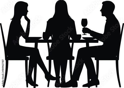Dining table, social gathering, silhouette illustration, black vector, lifestyle moment, wine glass, casual meal, people interaction, dinner, graphicDining table, social gathering