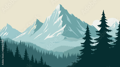 Stylized Vector Art Landscape of Majestic Snow-Capped Mountains and Pine Forests under a Clear Sky, Evoking Serenity and Grandeur