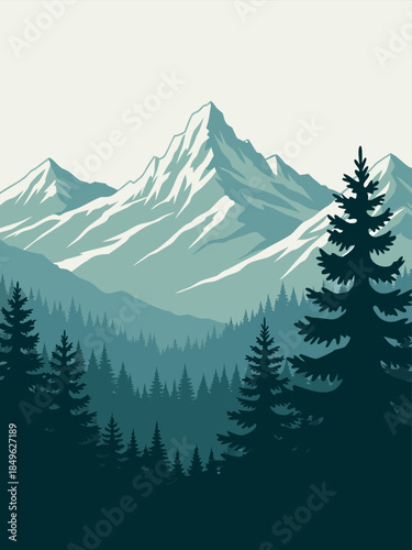 Explore the Grandeur of a Stylized Mountain Landscape, featuring Towering Peaks and a Tranquil Coniferous Forest, Perfect for Nature Themes