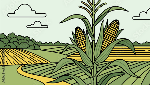 Vibrant graphic illustration summer cornfield. Tall green stalks, golden ears, winding paths through agricultural landscape. Bountiful harvest