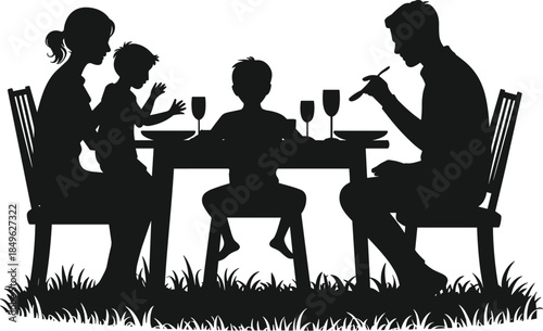 Family dining, outdoor meal, silhouette illustration, black vector, togetherness icon, picnic scene, parenting moment, table setting, nature, graphicFamily dining, outdoor meal