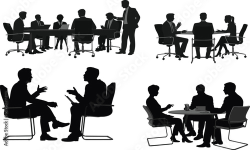Business meeting, corporate silhouettes, teamwork icon, communication vector, round table, leadership pose, professional group, black design, illustration, gridBusiness meeting, corporate silhouettes,
