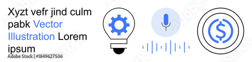 Innovation, technology, financial concepts, audio recording, idea generation, business solutions. Includes lightbulb with gear, microphone with sound waves and currency symbol. Innovation