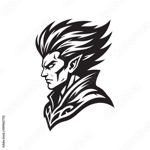 Fantasy Demon Warrior Profile Silhouette. Tribal Tattoo Style Vector Illustration. Black and White Mascot Logo Design of Beast Man with Spiky Hair.
