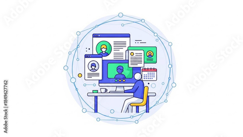 A person sits at a desk with a computer and various social media profiles on the screens, representing online presence and digital identity management