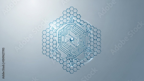 Circuit board design with hexagonal pattern on a gray background, technology concept with electronic components and wiring, futuristic illustration for innovation