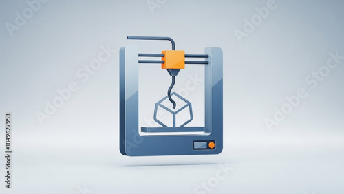 A 3d printer creates a blue cube with its yellow and blue extruder on a white background with blue gradient