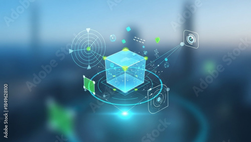 Futuristic technology concept with glowing blue cube and neon green accents floating in a dark blurred cityscape background with abstract graphics and symbols