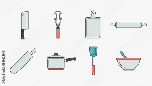 Colorful kitchen utensils and tools icons including knife, whisk, cutting board, rolling pin, saucepan, bowl, and spatula