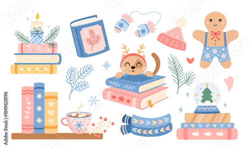 Pastel winter books clipart set, Trendy Christmas bookish aesthetic, Book lover gifts, Cozy reading, Bookstore Holiday Graphic, Seasonal vector illustration.