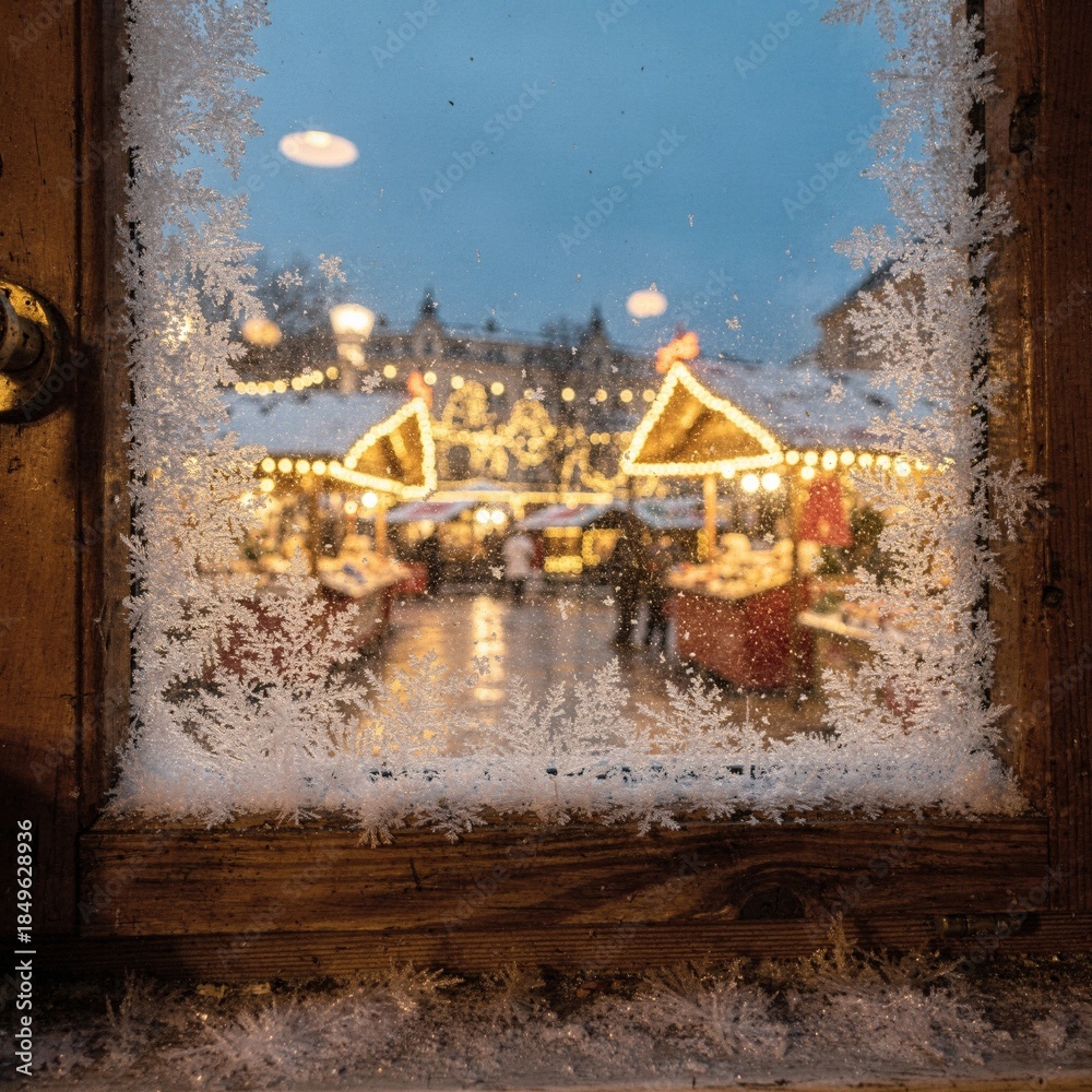 Fototapeta premium Cozy Frosted Window View of a Festive Winter Market at Dusk