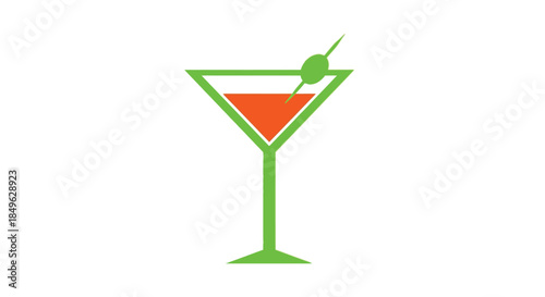Vibrant green martini glass with orange drink and olive.