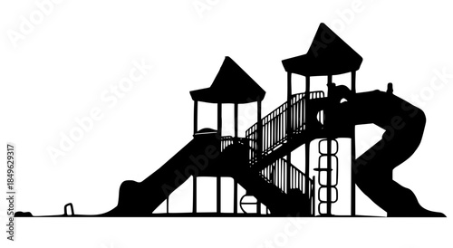 Black silhouette of a children's playground structure featuring slides, towers, and climbing frames.