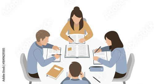 Group of people studying together at a round table.