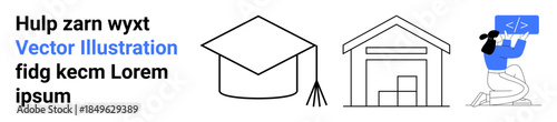 Education, technology, housing, development, skills, learning. Graduation cap, warehouse and developer holding a code screen. Education and technology through clear design concepts