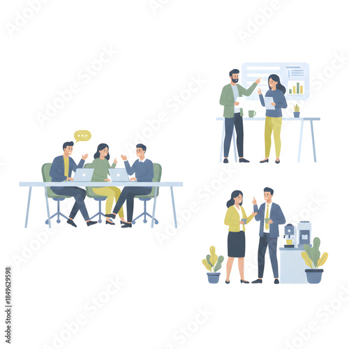 vector illustration of people working in a modern office, multiple characters in different situations  typing on laptops, discussing ideas, standing near desks, coffee break conversation
