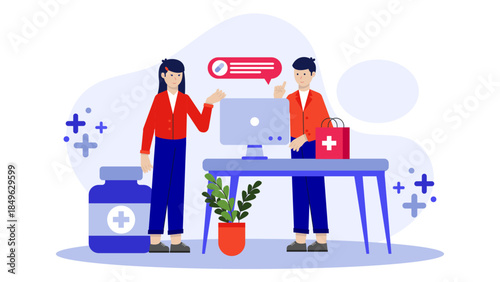 Pharmacist Consulting on New Prescription. Flat Vector Business Illustration