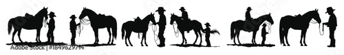 little cowboy with horse silhouettes black vector set 
