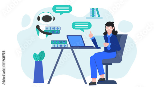 AI Assistant Automating Routine Office Tasks. Flat Vector Business Illustration