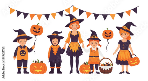 Happy Halloween Children in Costumes with Pumpkins and Decorations.