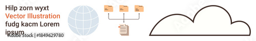 Cloud computing, digital storage, data sharing, global connectivity, information exchange, technology solutions. Illustrated globe, folders document and a cloud. Cloud computing and digital storage