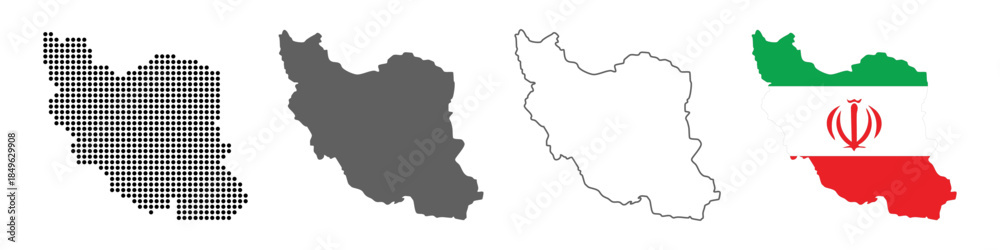 Obraz premium Iran Map Set with Dot, Silhouette, Outline and Flag Vector