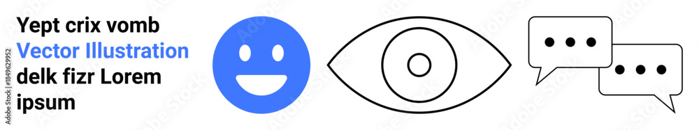 Fototapeta premium Communication, observation, emotions, visual interpretation, dialogue, symbolism. Blue happy face, eye symbol speech bubbles. Communication and observation concept