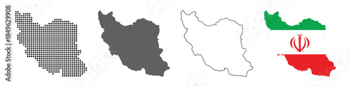 Iran Map Set with Dot, Silhouette, Outline and Flag Vector