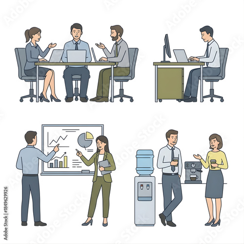 professional corporate office vector illustration, employees working in different situations meeting discussion, desk work, coffee break, planning on board
