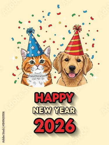 Happy New Year 2026 Cat and Dog Celebration.